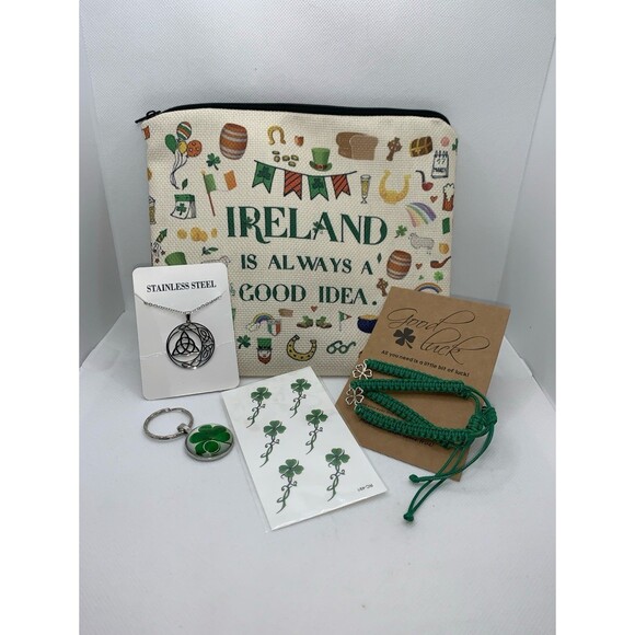 Irish Gift Bundle Bag w/ Shamrock Keychain, Bracelets, Celtic Necklace & Tattoo - Picture 1 of 8